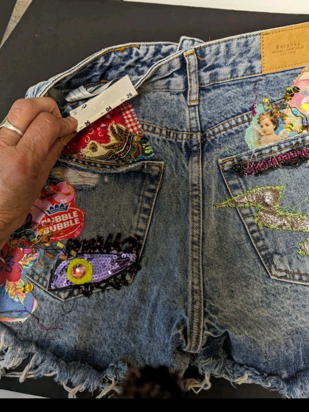 Distressed Embroidered Denim Shorts High Waisted New Patchwork Hippie - Picture 8 of 10